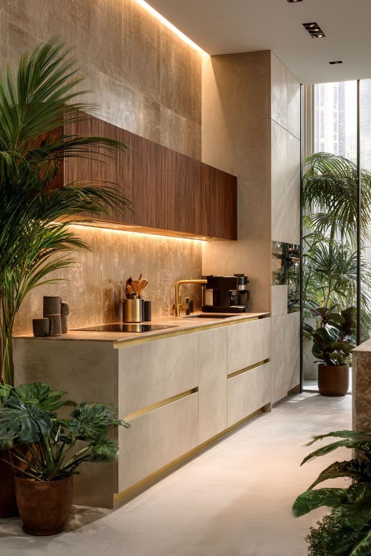 Warm stone surfaces, brass fixtures, tropical biophilic elements