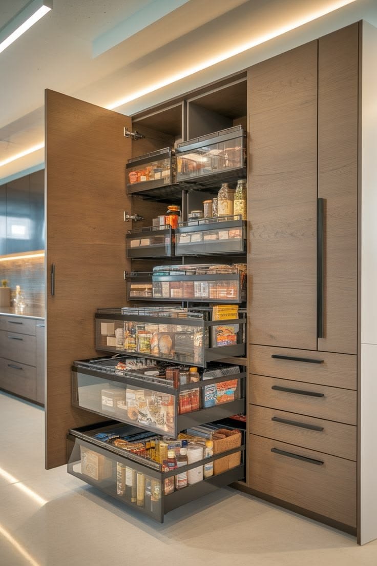 Full pull-out pantry system with warm wood cabinetry