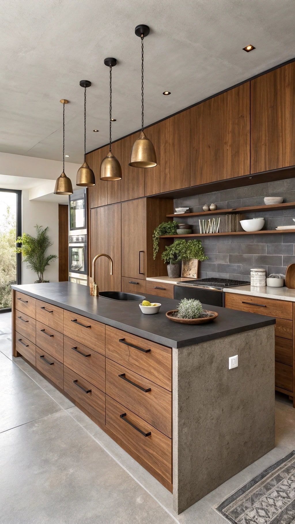 Walnut cabinetry, dark island countertop, brass pendant lighting